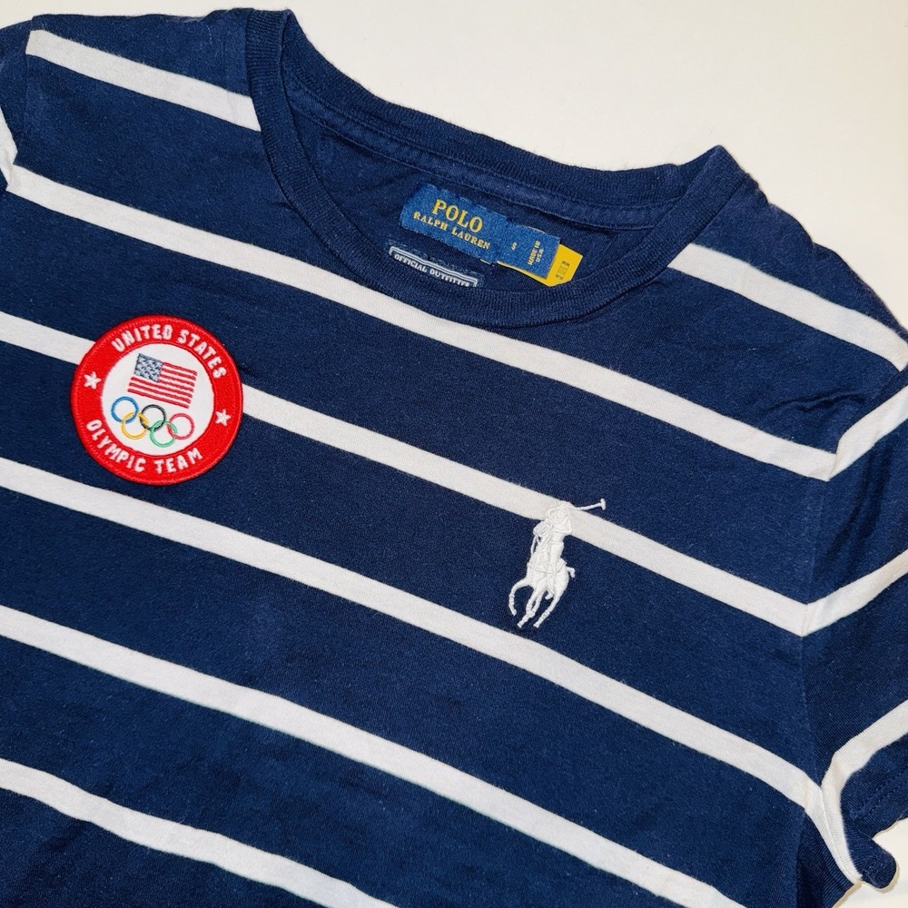 Polo Ralph Lauren Team USA Olympic Navy Stripe Tee Patch S Made in USA